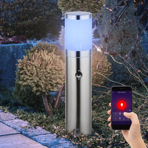 Sockelleuchte E27 Stehlampe mit Bewegungsmelder - Moderne Außenleuchte mit IP44 Schutz, dimmbar und steuerbar über App oder Sprachbefehl. Ideal für stimmungsvolle Abende im Freien mit RGB-Farbwechsel und Timer-Funktion.