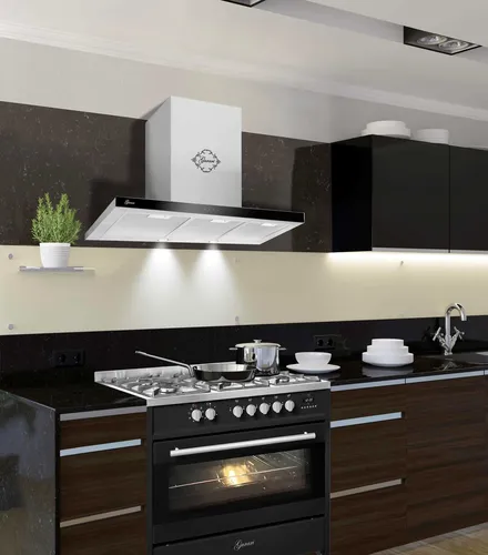 Gurari GCH 911 BL Gas Elektro Standherd 90cm mit Dunstabzugshaube - Küchenherd mit 5 Gasbrennern und digitaler Anzeige. Ideal für vielseitiges Kochen und einfache Bedienung. Freistehend und in elegantem Schwarz.