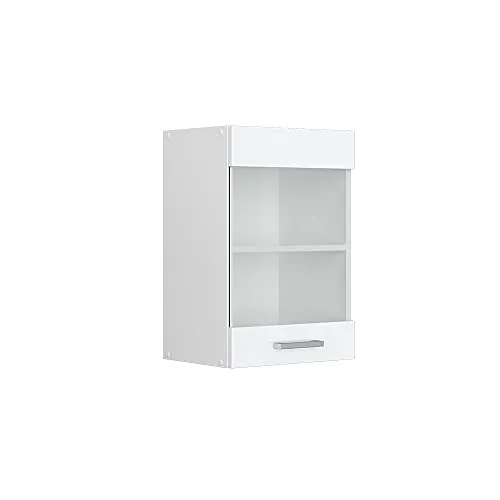 Vicco Hängeschrank R-Line, Wandhängeschrank in Weiß Hochglanz - Küchenhängeschrank mit eleganter Glastür, ideal für die stilvolle Aufbewahrung von Haushaltsgegenständen. Maße: 40 cm breit, 60 cm hoch, 31 cm tief.