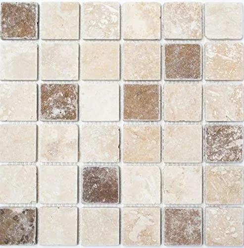Travertin Mosaikfliesen Steine Wand Boden Naturstein Medio beige creme braun Wandfliese Küchenrückwand Badfliese - MOS43-1216