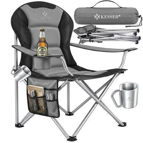 KESSER® Campingstuhl faltbar bis 150 kg - Robuster Klappstuhl mit Armlehnen und Getränkehalter - Camping-Möbel: Faltbarer Campingstuhl mit hoher Rückenlehne, rutschfesten Füßen und atmungsaktivem Polster für maximalen Komfort und Stabilität.