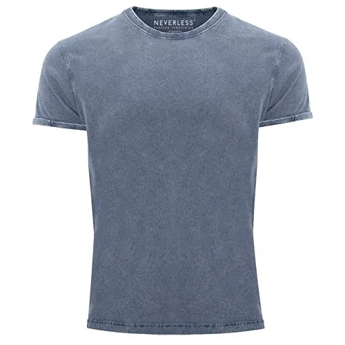 Neverless® Herren T-Shirt Vintage Shirt Printshirt Basic ohne Aufdruck Used Look Slim Fit blau L