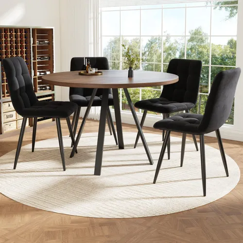 autolock Essgruppe 5-tlg. mit rundem Esstisch Ø80 cm und 4 ergonomischen Stühlen - Moderne Essgruppe für Esszimmer, Wohnzimmer & Schlafzimmer mit pflegeleichter MDF-Tischplatte und weichen Samtbezügen für hohen Sitzkomfort.