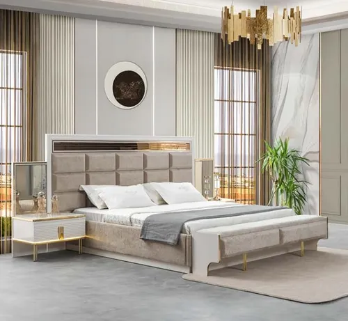 Doppelbett Set mit großem Kopfteil und 2 Nachttischen – Modernes Schlafzimmermöbel - 3-teiliges Set bestehend aus einem stilvollen Doppelbett und zwei praktischen Nachttischen. Hohe Qualität und modernes Design für ein elegantes Schlafzimmer.