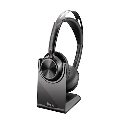 Poly Voyager Focus 2 USB-C Stereo-Headset mit Ladestation - Headset & Mikrofon mit dreistufigem Advanced Digital Hybrid ANC für optimale Geräuschunterdrückung und hervorragende Klangqualität, ideal für konzentriertes Arbeiten.