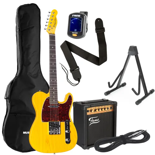 E-Gitarren Set für Anfänger J & D TL Ash Butterscotch Blonde - Umfangreiches E-Gitarren Set für Einsteiger mit hochwertiger J & D E-Gitarre und leistungsstarkem Fame Verstärker. Perfekt für den Einstieg ins Gitarrenspiel und kreative Klänge.