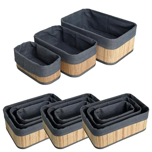ESTEXO Bambuskorb Aufbewahrungsbox 4er Set – Vielseitige Organizer für Ihr Zuhause - Aufbewahrungsboxen- Set aus 4 stilvollen Bambuskörben in 3 Größen, ideal zur Organisation von Accessoires und Kosmetik. Robuste, pflegeleichte Bambusaußenhülle mit abnehmbarer Stoffeinlage.