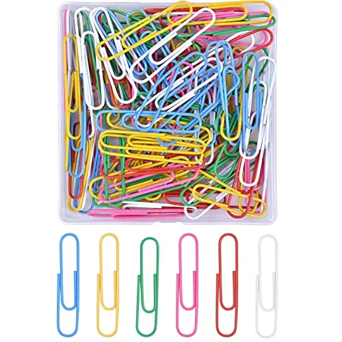 AvoDovA 50mm Bunte Büroklammern, 100 Stück Metall Büroklammer Set, Büroklammern mit Vinyl beschichtet, Rostfreie Büroklammern, Groß Büroklammern für Dateien Papiere Schule Bürobedarf
