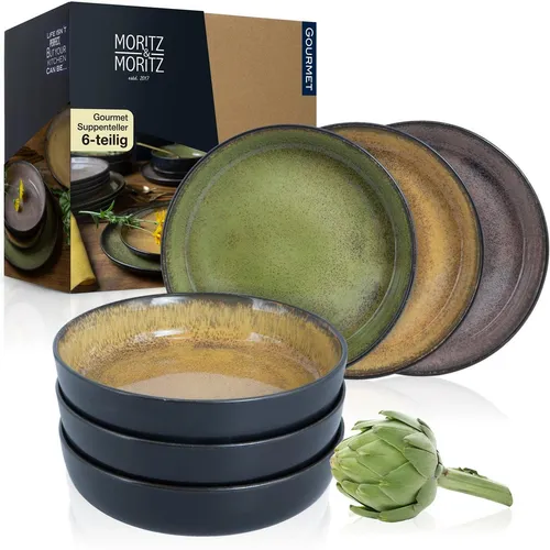 Moritz & Moritz VIDA Suppenteller Set - 6er Set in Gelb-Grün-Rosa - Tafelservice mit 6 stilvollen Suppentellern aus hochwertigem Porzellan, spülmaschinen- und mikrowellengeeignet, ideal für jede Gelegenheit.