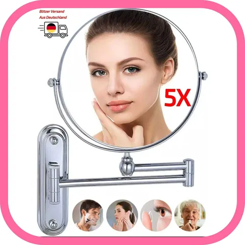 Kosmetikspiegel 5X Vergrößerung – Rund & Silber - Badezimmerspiegel mit 5-facher Vergrößerung, ideal für präzises Schminken und Hautpflege. Durchmesser 20 cm, eleganter silberner Rahmen passt in jedes Badezimmer.