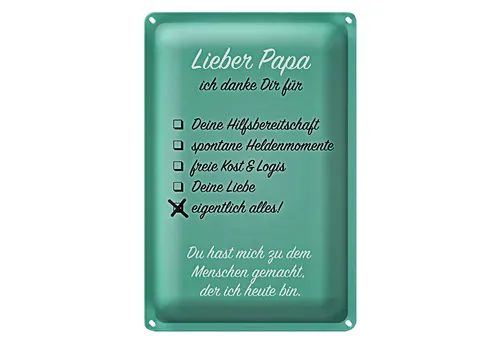 Roomando Metallschild Spruch 12x18cm Lieber Papa ich danke