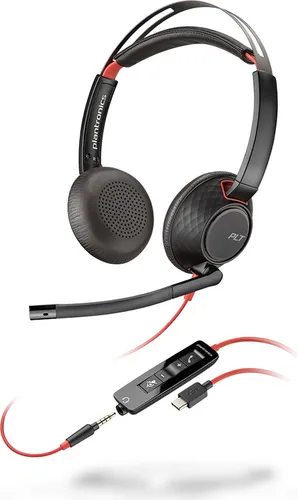 Poly Blackwire C5220 USB-C Headset - On-Ear Headset der 5200 Series, kabelgebunden mit 3,5 mm Stecker und USB-C, ideal für klare Telefonate und komfortables Arbeiten.