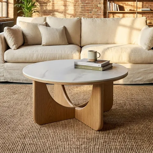 riess-ambiente Couchtisch ENSO 80cm - Weiß/Natur, Keramikplatte im Marmor-Stil, rund - Der elegante Couchtisch ENSO vereint modernes Design mit natürlichen Materialien. Die pflegeleichte Keramikplatte und das stabile Gestell aus Echtholzfurnier machen ihn zum idealen Mittelpunkt für Dein Wohnzimmer.