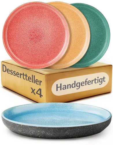 Cosumy 4er Set Dessertteller aus Steingut – Handgefertigte Kuchenteller mit buntem Farbspiel - 4 handgefertigte Dessertteller aus hochwertigem Steingut, ideal für Kuchen und Snacks. Mikrowellen- und spülmaschinenfest, perfekt für den täglichen Gebrauch.
