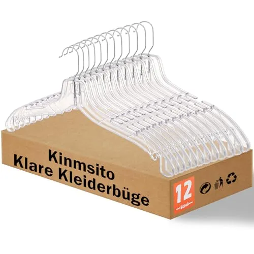 Kinmsito Kleiderbügel aus Kunststoff 42,5 cm, 12 Stück Klar, Hemden- und Blusenbügel Mit 360° Drehbaren Haken, Transparent für Hemd/Kleid, Platzsparend