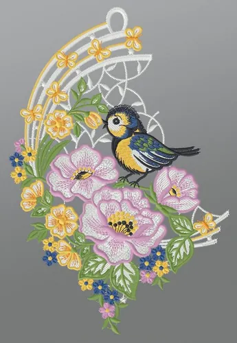 Plauener Spitze® Fensterbild Blumenbouquet 29x19cm - Nussknacker Fensterbild mit süßer Blaumeise und lebendigen Blumen, verleiht jedem Raum frühlingshaften Charme und Dynamik.