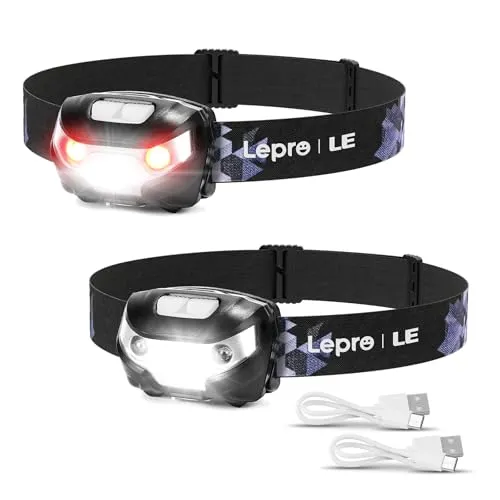 Lepro LE Wiederaufladbare Stirnlampe 1300 Lux - Stirnlampen mit 5 Lichtmodi, IPX4 wasserdicht und ideal für Outdoor-Aktivitäten wie Angeln und Campen. Superhell mit 1300 Lux und bis zu 30 Stunden Licht bei nur 4-5 Stunden Ladezeit.