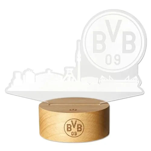 BVB LED Licht Logo Skyline Nachtlicht - Fanartikel für Borussia Dortmund - Stylisches Nachtlicht mit BVB Logo und Skyline, betrieben über USB oder Batterien. Ideal für jeden Fan und als dekorative Beleuchtung im Wohnraum.