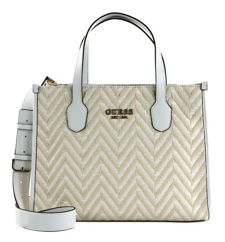 Guess Schultertasche Silvana in Weiß - Elegante Schultertasche mit geometrischem Muster, abnehmbaren und verstellbaren Schulterriemen für individuellen Tragekomfort. Ideal für den täglichen Gebrauch.
