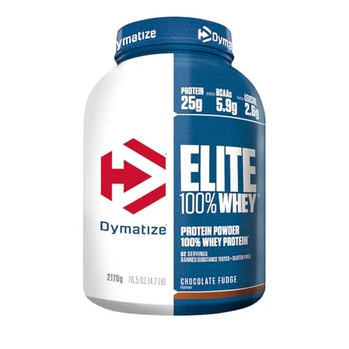 Dymatize Elite 100% Whey Chocolate Fudge 2170g - Hochwertiges Proteinpulver mit BCAAs - Molkenproteine mit 25g Protein pro Portion, ideal für Athleten vor und nach dem Training. Zuckerarm und glutenfrei, perfekt für bewusste Ernährung.