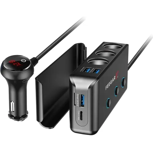Feegar Ciga 4X USB QC 3.0 PD 20W Auto Ladegerät, 3 Fach 200W 12V/24V 10A Zigarettenanzünder Adapter USB KFZ Verteiler mit Getrennte Schalter LED Spannunganzeige für Smartphone Tablet Dashcam GPS