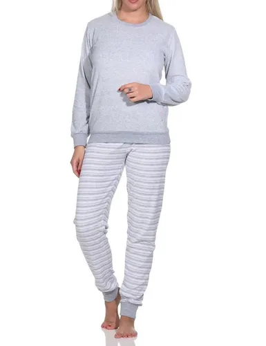 Normann Pyjama Damen Frottee Schlafanzug lang mit Bündchen und floraler Applikation