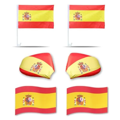 Sonia Originelli Fanset Fanartikel für das Auto 2 Stück Fensterfahnen Autofahne, Spiegelfahnen für die Außenspiegel und 2 Stück Magnetfahnen für die Tür Farbe: Spanien