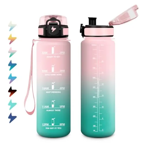 Sport Trinkflasche 1L, Motivierende Trinkflasche mit Zeitmarkierung, Auslaufsichere Wasserflasche mit Filte, Kohlensäure Geeignet, Sportflasche für Sprudel, Fahrrad, Laufen, Erwachsener, Yoga
