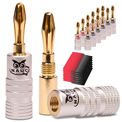 NAUC Bananenstecker 24K vergoldet + Schrumpfschlauch 14 Stück (7-Paar) High End Steckverbinder für Lautsprecherkabel Stecker für Kabel bis 6mm² löt- oder schraubbar in schwarz und rot 8 AWG - 16 AWG