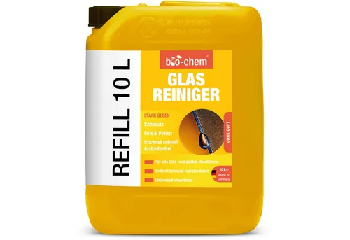 bio-chem Glasreiniger 10 L Kanister – streifenfrei & sanft – bio-chem Glasreiniger (Glasreiniger 0.75 l Handsprayflasche)