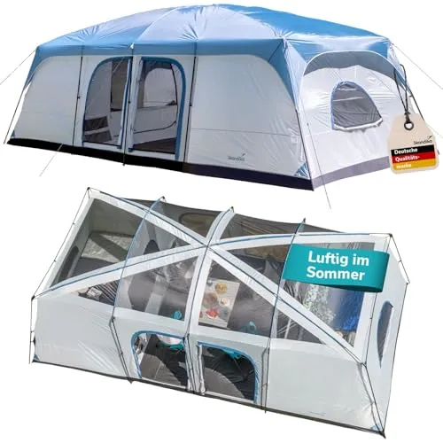 Skandika Tonsberg 10 Personen Camping Zelt - Großes Familienzelt mit Stehhöhe von 2,6 m, eingenähtem Zeltboden und 4000 mm Wassersäule für optimalen Wetterschutz und Komfort.