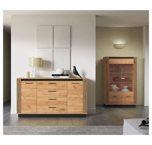 Lomadox Wohnzimmer-Set URBANIA-131 – Kommode & Vitrinenschrank - Mega-Spar-Set mit 2 Teilen in eleganter Eiche-Optik. Ideal für stilvolle Wohnräume, bietet viel Stauraum und ist einfach selbst zu montieren.