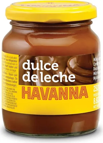 HAVANNA Milchkaramellcreme Dulce de Leche 250g - Brotaufstrich HAVANNA, 250g Glas mit köstlicher Dulce de Leche, ideal als süßer Aufstrich oder für Desserts wie Pudding und Tortenfüllungen.