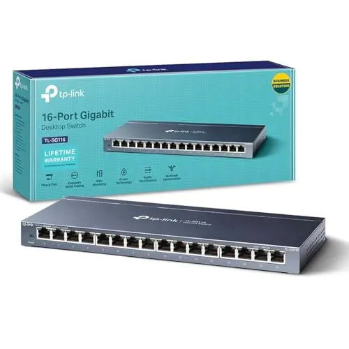 TP-Link 16-Port Desktop Gigabit Ethernet Switch/Hub, Ethernet Splitter, Plug & Play, no configuration required, Steel Case(TL-SG116), Grey