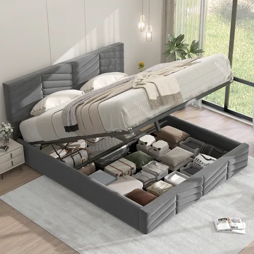 Polsterbett mit Lattenrost und Bettkasten 140x200 cm - Modernes Polsterbett mit höhenverstellbarem Kopfteil, praktischem Bettkasten und robustem Samtbezug – ideal für stilvolle Schlafzimmer.