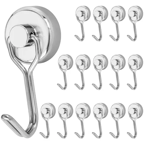 POPPSTAR Magnethaken extra stark drehbar 16 Stück (15 kg Haftkraft, Länge 4,3 cm, Durchmesser 2 cm) Neodym Magnethalter, silbern