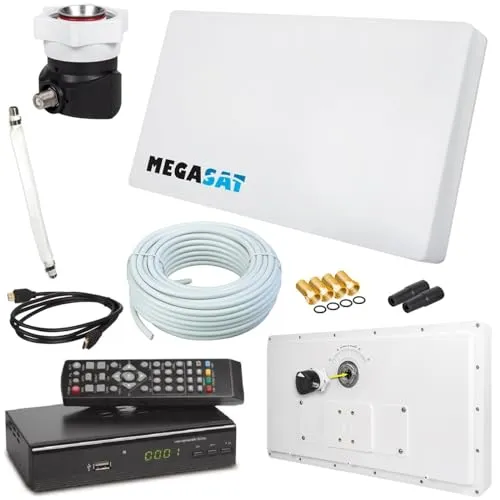 netshop 25 Set: Megasat Flachantenne Profi Line H30 D1 Single inkl. Fensterhalterung + HD Sat Receiver + 10m Kabel + 1x Fensterdurchführung. Neueste Generation mit besten Empfangswerten