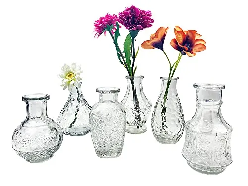 Vase Vintage (6er Set), Klarglas Vase, H: 11,5-14 cm - Vasen aus Glas zur Tischdekoration, Hochzeit Taufe Deko