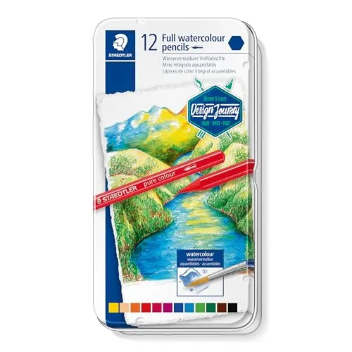 STAEDTLER 14610G M12 - Wasservermalbarer Vollfarbstift, hochpigmentiert für brillante Aquarelleffekte und saubere Hände im Metalletui mit 12 Farben