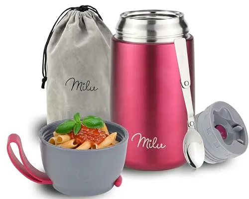 Milu® Thermobehälter für Essen 800ml, Edelstahl Warmhaltebehälter mit Löffel, Thermobecher Essen, Thermo Lunchbox für Kinder, Erwachsene, Thermobox Suppen, Babybrei, Speisebehälter Berry, 800ml