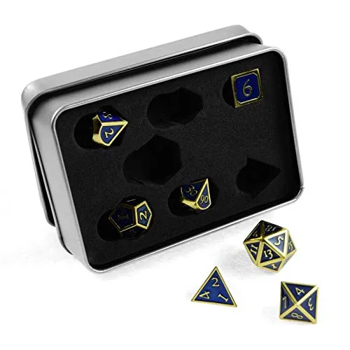Shibby 7 Polyedrische Metall-Würfel Set – Steampunk Gold-Blau - Polyhedrische & Rollenspiel-Würfel – Hochwertige, langlebige Metallwürfel in edlem Design, ideal für Dungeons & Dragons und andere RPGs, inklusive stylischer Aufbewahrungsbox.