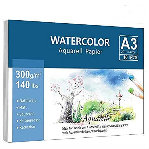 Premium Aquarellpapier (A3, 300 g/m², 20 Einzelne Blätter), Aquarellblock Glatt Watercolor Paper, Strukturiert & Matt Aquarell Papier für Aquarellmalerei Wasserfarben Gouache Acryl & Aquarelltechniken