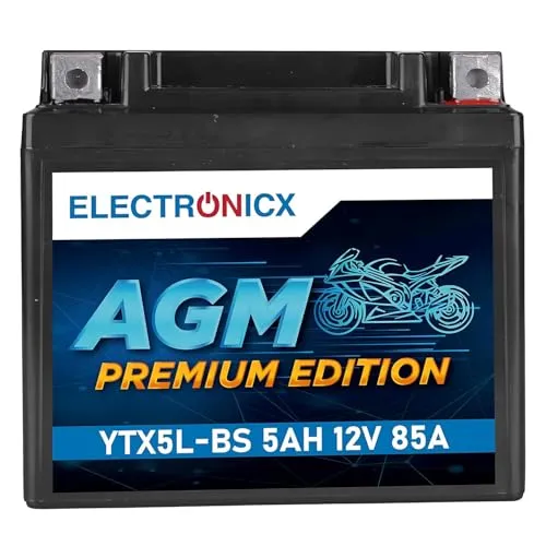 Electronicx AGM Motorradbatterie YTX5L-BS 12V 5Ah 85A – wartungsfreie, versiegelte, auslaufsichere, vibrationsfeste Starterbatterie – kompakt – für Motorrad, Roller, Quad und ATV geeignet