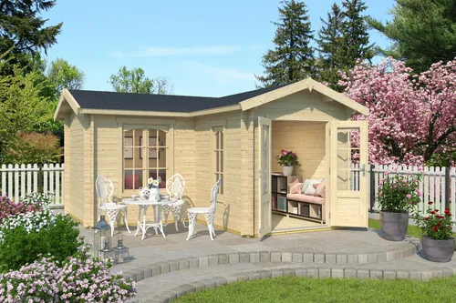 Gartenhaus Blockhaus Holzhaus PORTSMOUTH 44 - Skandinavisches Design - Gartenhaus 420x420 cm aus naturbelassenem Holz, mit abschließbarer Doppeltür, Fußboden inklusive und ideal für den Garten oder als Geräteschuppen.