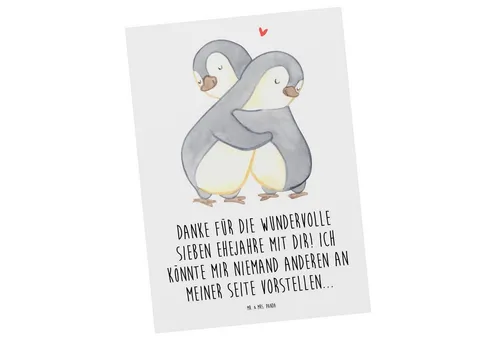Mr. & Mrs. Panda Postkarte 7. Hochzeitstag Kupferhochzeit - Weiß - Geschenk, Dankbarkeit, Ansich, Matte Rückseite