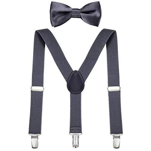 DonDon Jungen Hosenträger Fliegen Set grau elastisch und längenverstellbar für Kinder von 1-8 Jahre Anthrazit