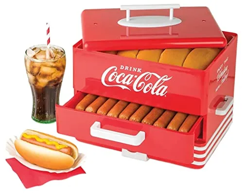 Salco Coca-Cola Hot Dog Maker - Dampfgarer im Diner-Stil - Hot Dog-Maschinen mit Kapazität für 24 Würstchen und 12 Brötchen. Genießen Sie perfekte Hotdogs in Minuten mit einfacher Reinigung und Wasserstandsanzeige.