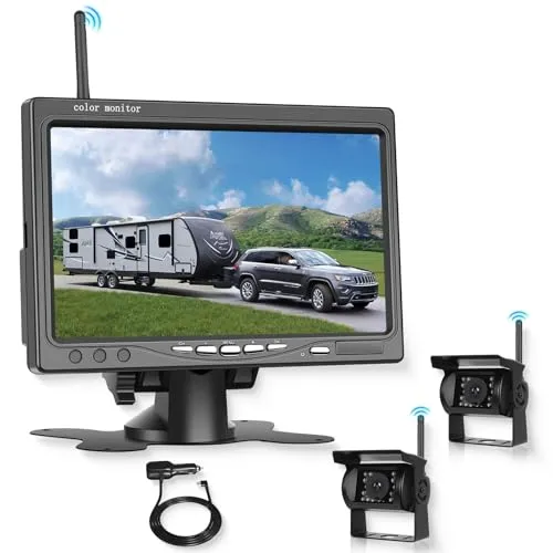 Drahtloses Rückfahrkamera Set mit 7-Zoll Monitor, 2 Rückfahrkamera IP68 wasserdichte IR-Nachtsicht Wireless Auto Kamera, für RV Truck Bus PKW LKW-Wohnmobile 12V-36V