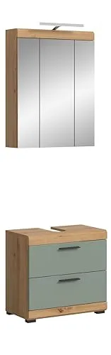 Badmöbel-Set SCHLOONSEE 2-teilig mit LED-Beleuchtung - Badmöbel-Set mit Waschbeckenunterschrank und Spiegelschrank, hochwertige MDF-Front in grün, pflegeleicht und modern. Ideal für stilvolle Badezimmer.
