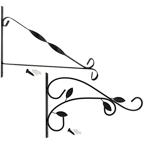 com-four® 2x Wandhalterung aus pulverbeschichteten Stahl, Haken für Blumentopf, Garten, Windspiele, Blumenampelhalter, mit Schrauben und Dübel (2 Stück - Blätter + gedreht)